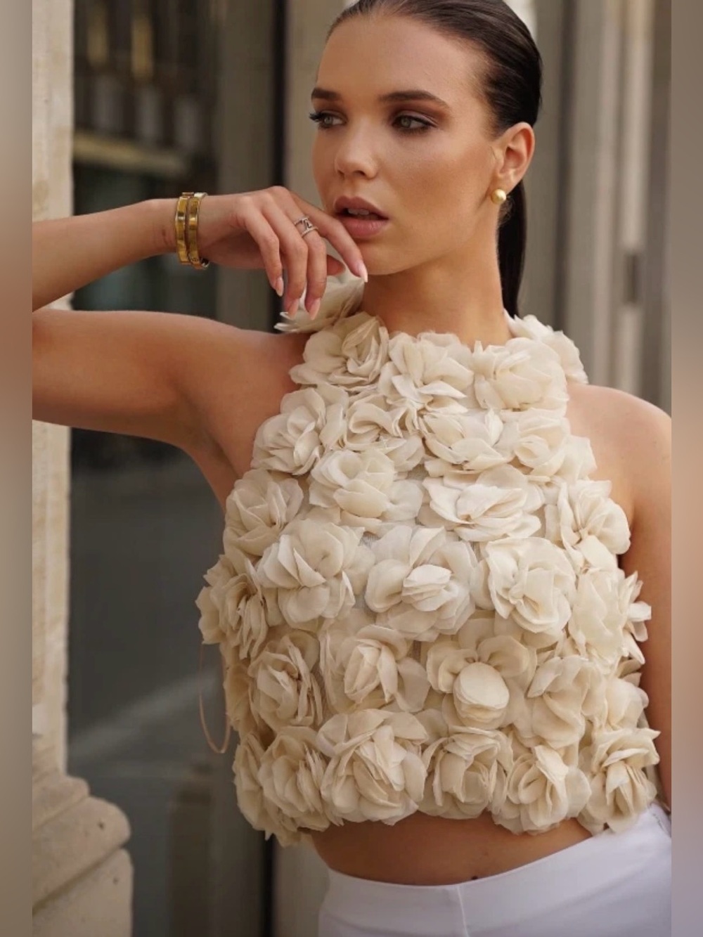 🔥🔥Zara Cream Floral Appliqué Halter Crop Top Dress
